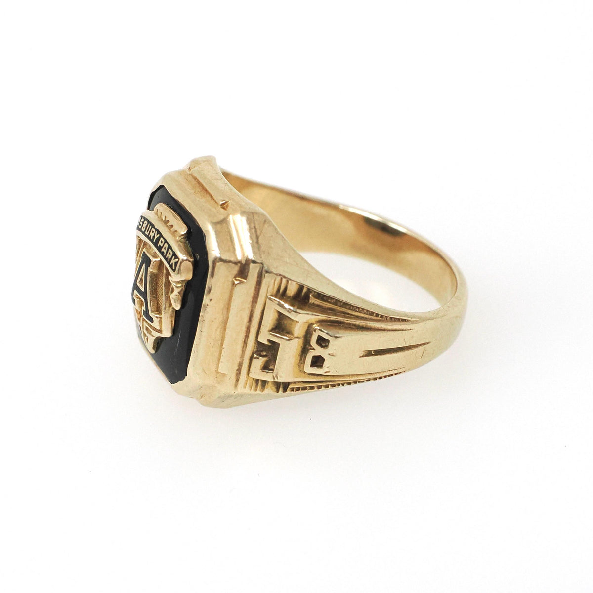 Asbury Park High School Ring - Mid Century Era 10k Yellow Gold Black Chalcedony Onyx Signet - Circa 1958 Size 6.75 EDL Initials Fine Jewelry