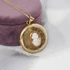 Vintage Cameo Locket - Retro Gold Filled Carved Shell Portrait Pendant Necklace - Circa 1940s Era Round Floral Photograph Keepsake Jewelry