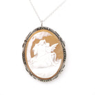 Mythical Cameo Necklace - Art Deco 930 Silver Carved Shell Brooch Pendant - Circa 1920s Era Venus & Eros Marcasite Accented Jewelry