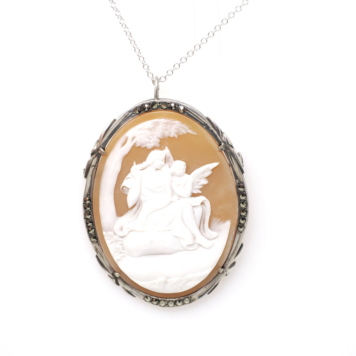Mythical Cameo Necklace - Art Deco 930 Silver Carved Shell Brooch Pendant - Circa 1920s Era Venus & Eros Marcasite Accented Jewelry