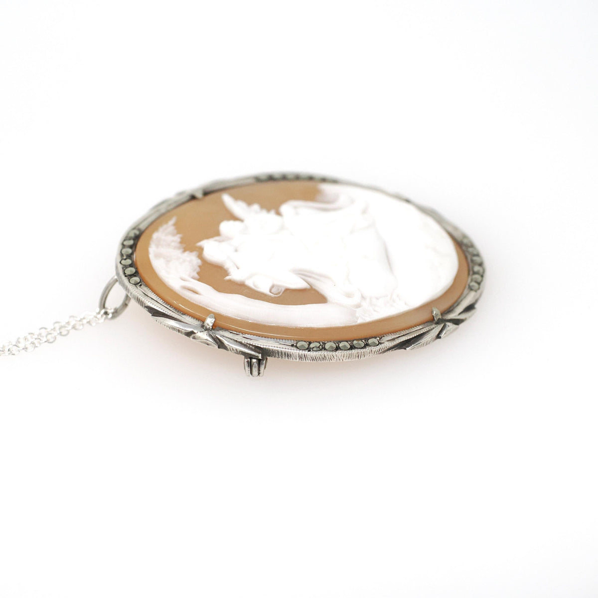 Mythical Cameo Necklace - Art Deco 930 Silver Carved Shell Brooch Pendant - Circa 1920s Era Venus & Eros Marcasite Accented Jewelry