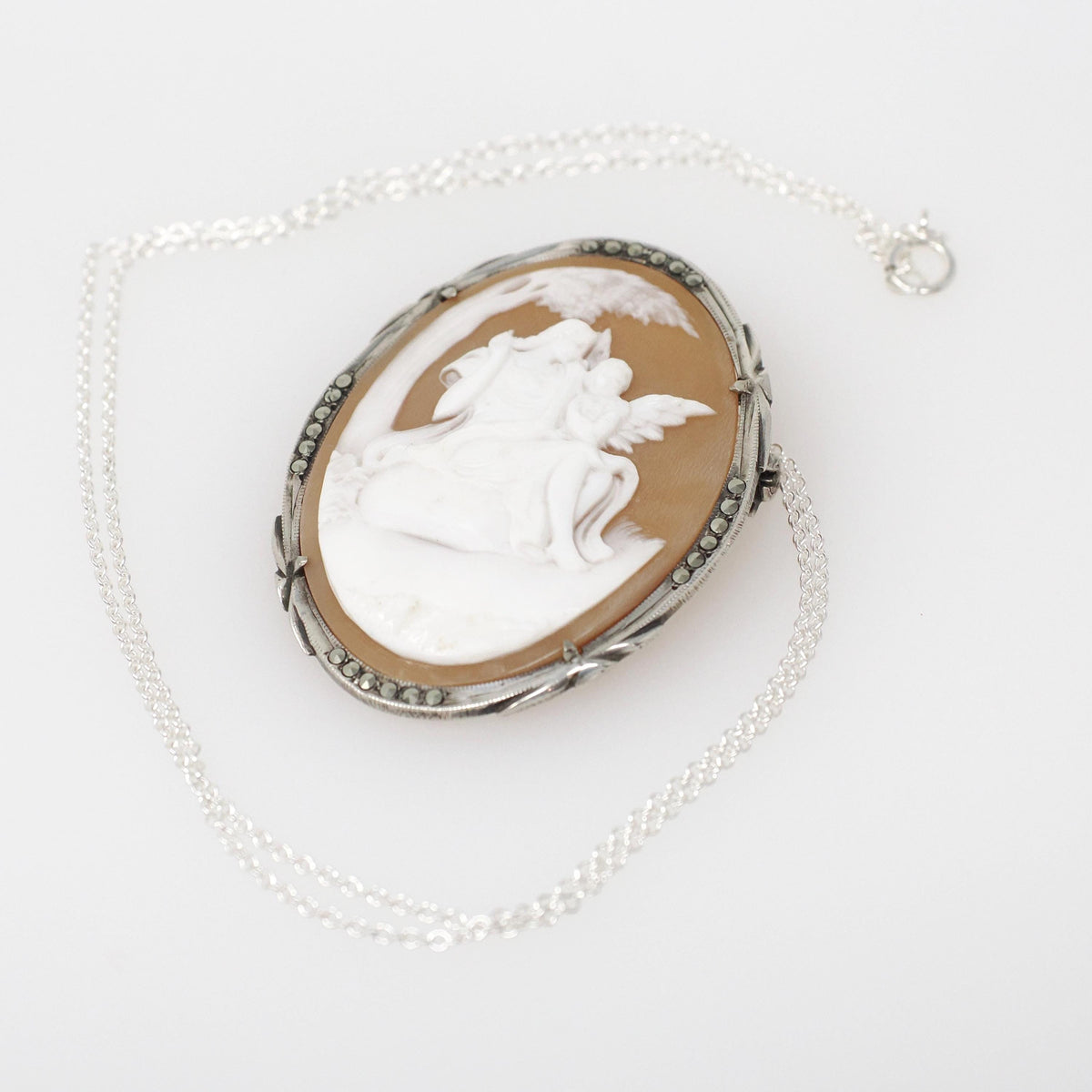 Mythical Cameo Necklace - Art Deco 930 Silver Carved Shell Brooch Pendant - Circa 1920s Era Venus & Eros Marcasite Accented Jewelry