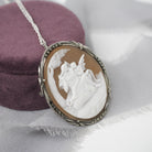 Mythical Cameo Necklace - Art Deco 930 Silver Carved Shell Brooch Pendant - Circa 1920s Era Venus & Eros Marcasite Accented Jewelry