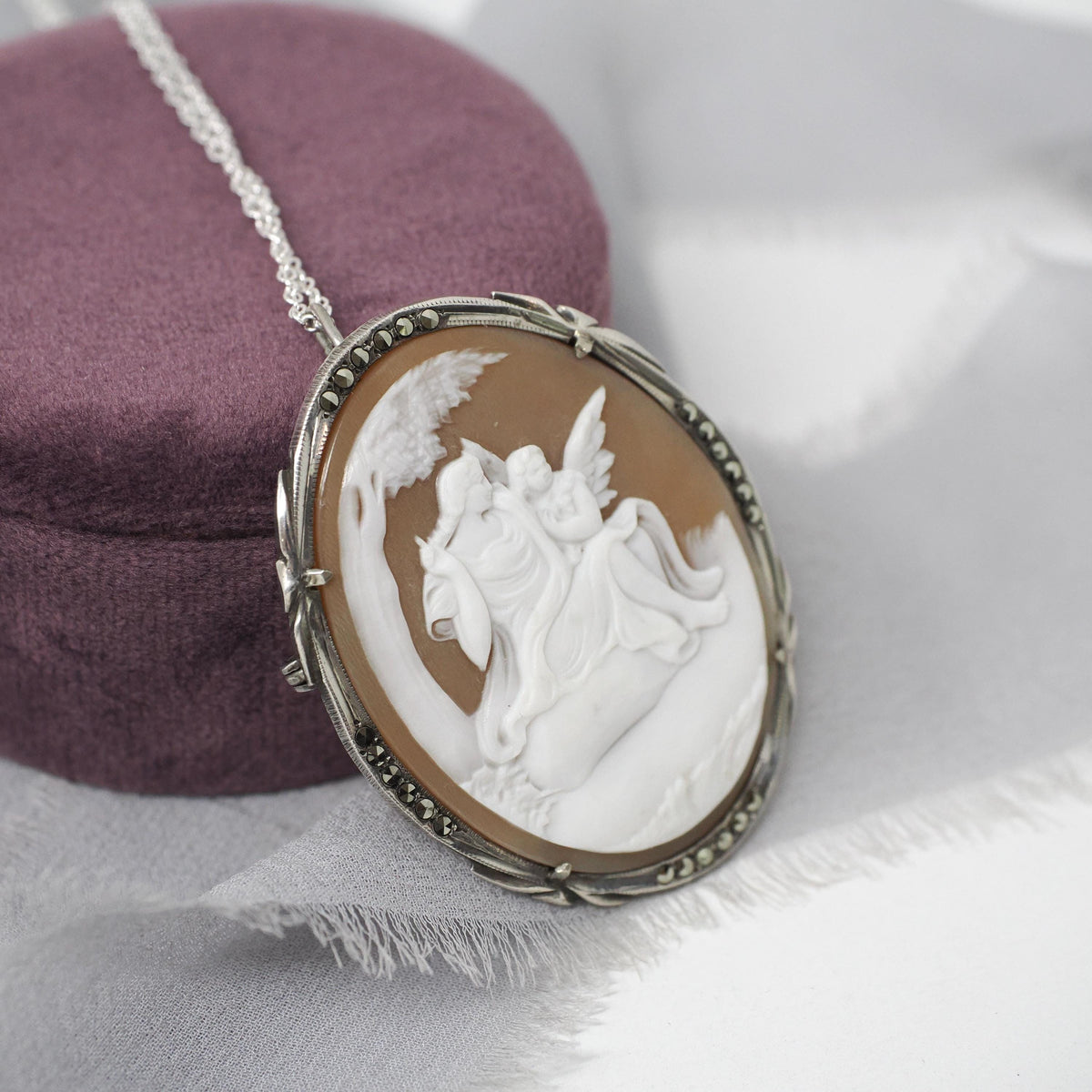 Mythical Cameo Necklace - Art Deco 930 Silver Carved Shell Brooch Pendant - Circa 1920s Era Venus & Eros Marcasite Accented Jewelry