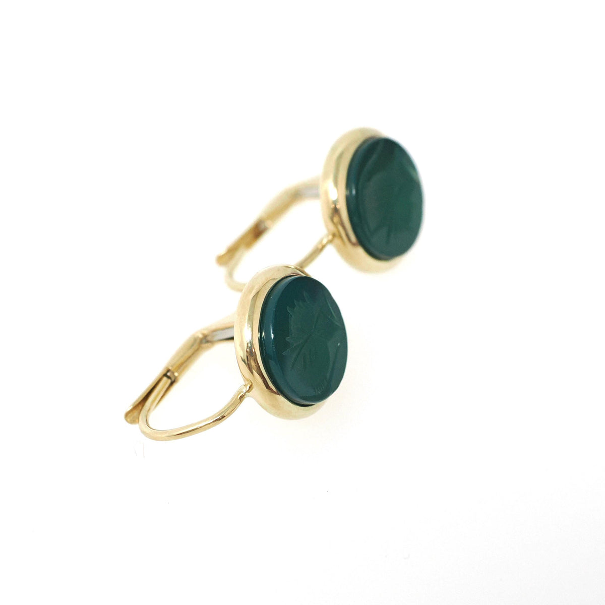 Vintage Intaglio Earrings - Modernist 14k Yellow Gold Carved Dyed Green Chalcedony Gemstone Leverbacks - Circa 1970s Fine Centurion Jewelry