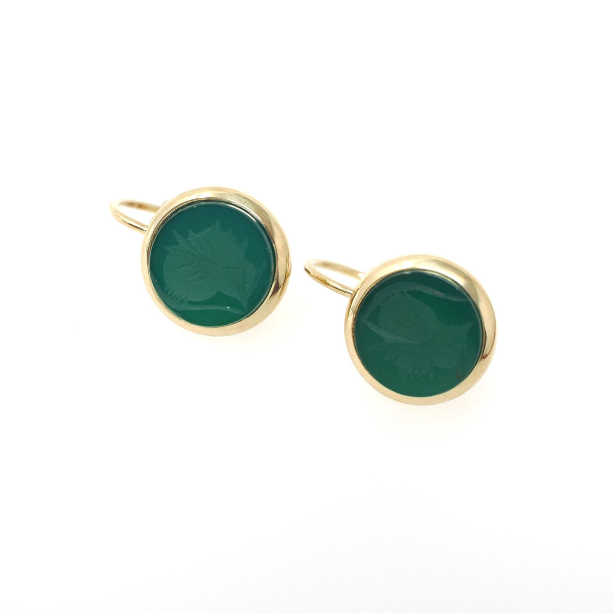 Vintage Intaglio Earrings - Modernist 14k Yellow Gold Carved Dyed Green Chalcedony Gemstone Leverbacks - Circa 1970s Fine Centurion Jewelry