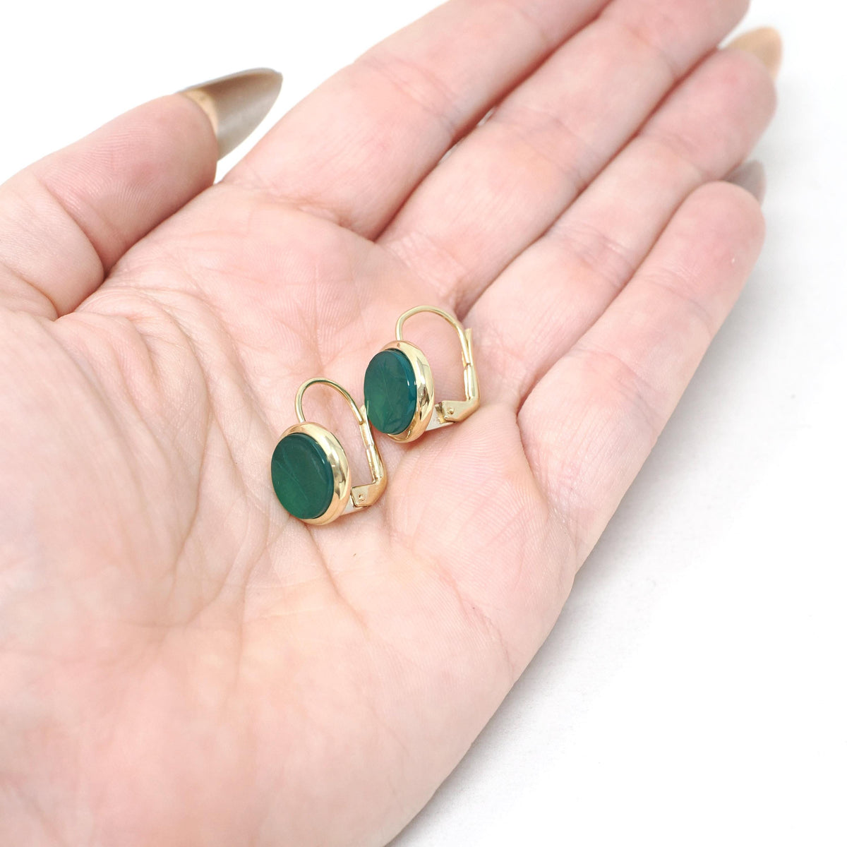 Vintage Intaglio Earrings - Modernist 14k Yellow Gold Carved Dyed Green Chalcedony Gemstone Leverbacks - Circa 1970s Fine Centurion Jewelry