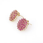 Created Ruby Earrings - Contemporary 14k Yellow Gold Clustered Pinkish Red Gemstones - Circa 2000s Pierced Stud July Birthstone Fine Jewelry