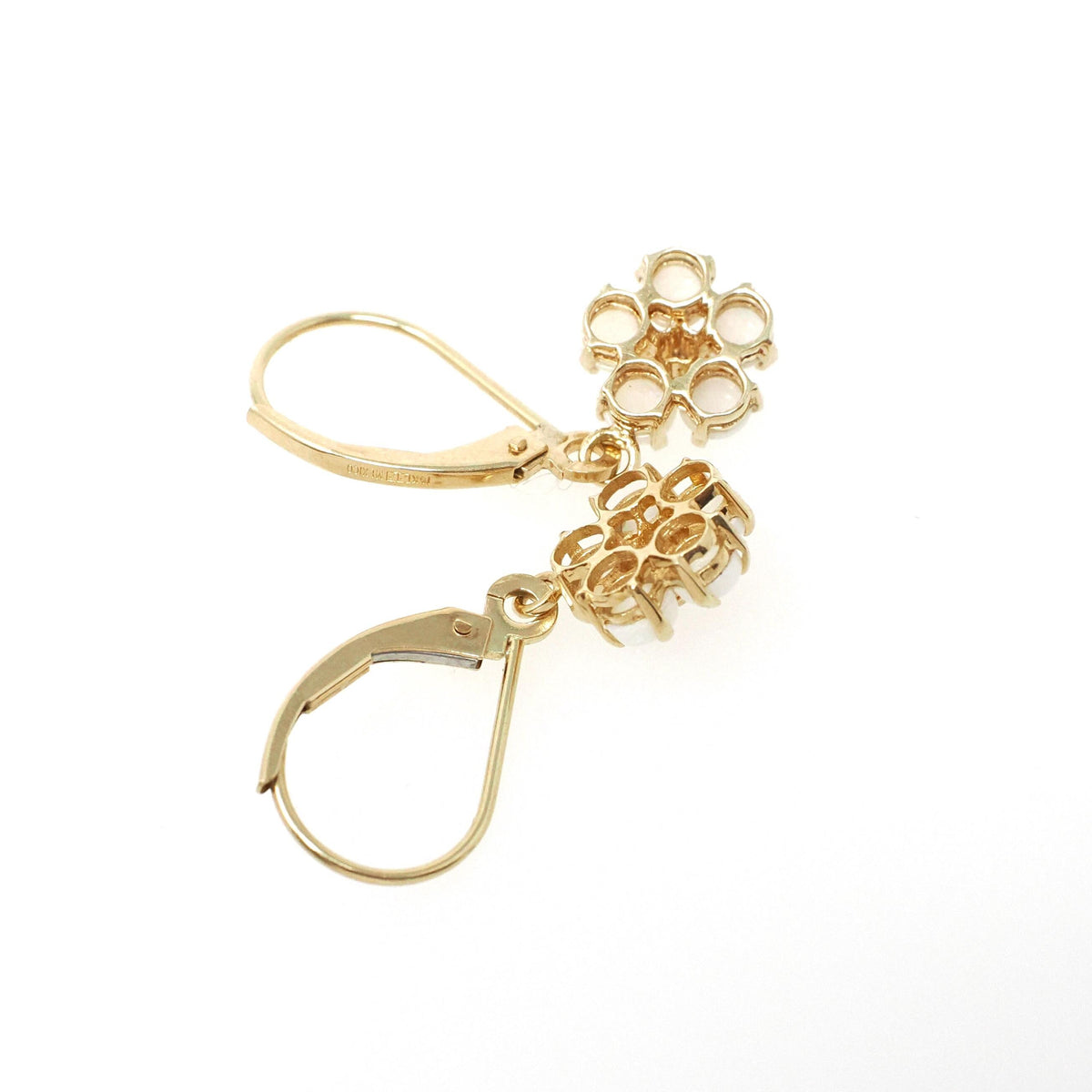 Opal & Diamond Earrings - Estate 14k Yellow Gold Natural Gemstone Flower Lever Back Drops - Contemporary 2000s Era Pierced Ears Fine Jewelry