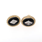 Vintage Diamond Earrings - Modernist 14k Yellow Gold Oval Black Glass Studs - Circa 1960s Era Pierced Push Back Two Tone Fine 60s Jewelry