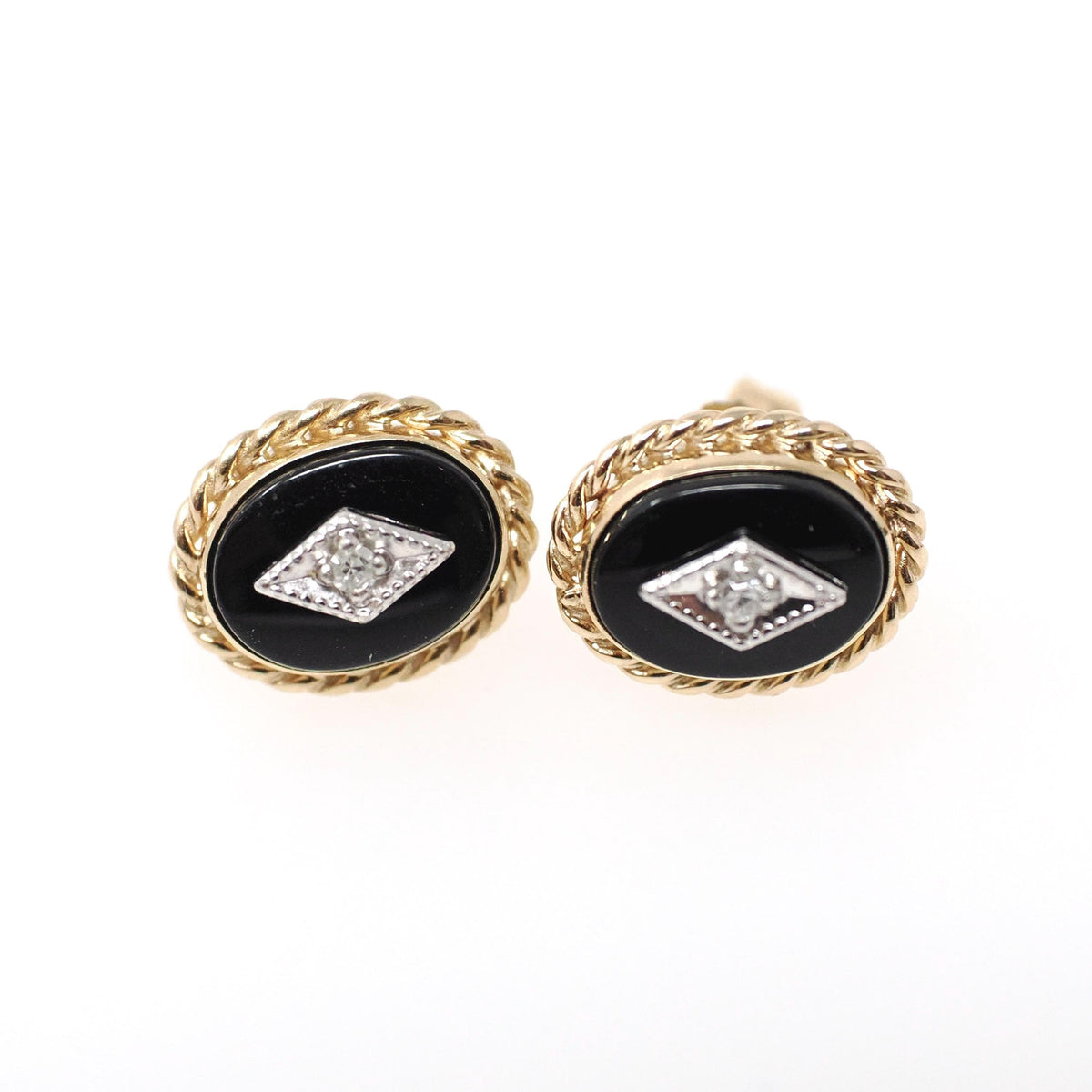 Vintage Diamond Earrings - Modernist 14k Yellow Gold Oval Black Glass Studs - Circa 1960s Era Pierced Push Back Two Tone Fine 60s Jewelry