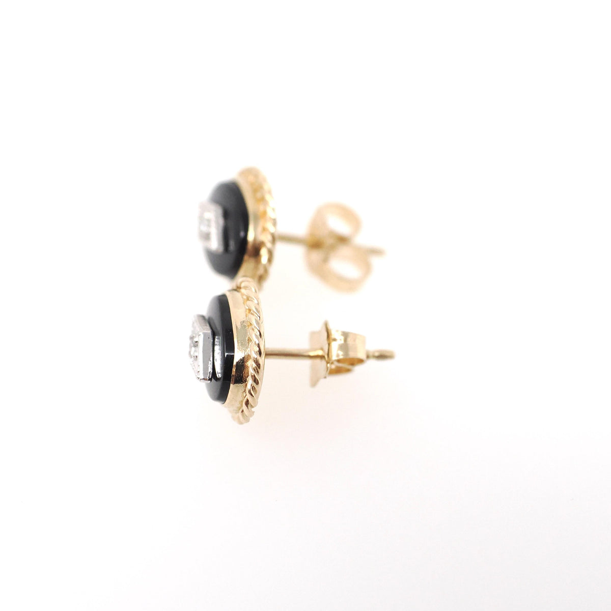 Vintage Diamond Earrings - Modernist 14k Yellow Gold Oval Black Glass Studs - Circa 1960s Era Pierced Push Back Two Tone Fine 60s Jewelry