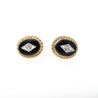 Vintage Diamond Earrings - Modernist 14k Yellow Gold Oval Black Glass Studs - Circa 1960s Era Pierced Push Back Two Tone Fine 60s Jewelry