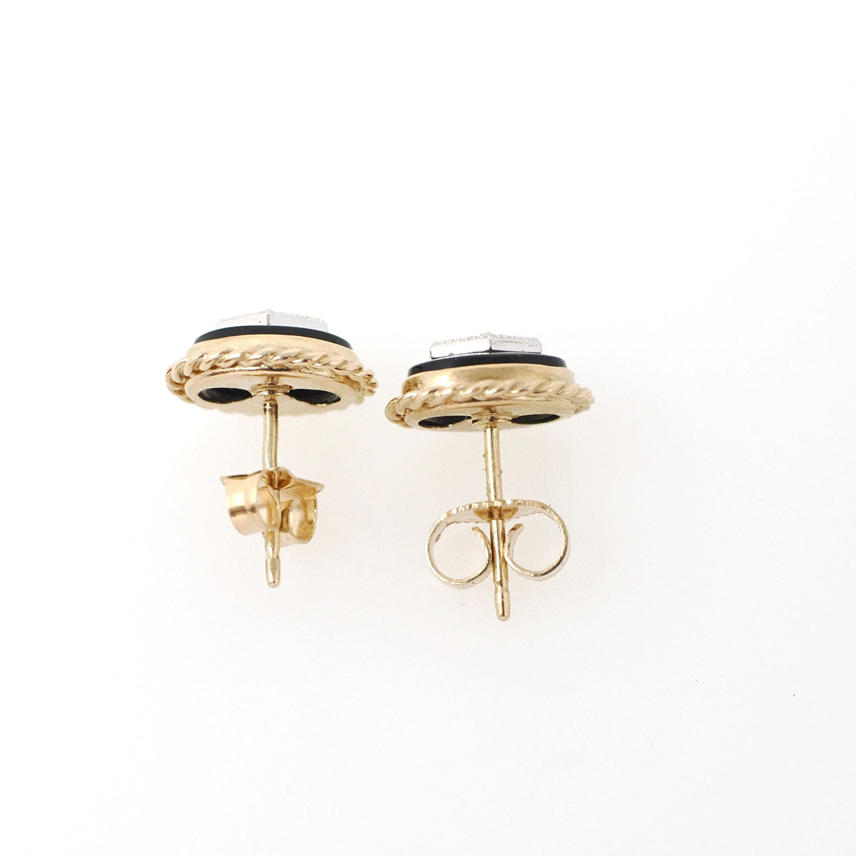 Vintage Diamond Earrings - Modernist 14k Yellow Gold Oval Black Glass Studs - Circa 1960s Era Pierced Push Back Two Tone Fine 60s Jewelry