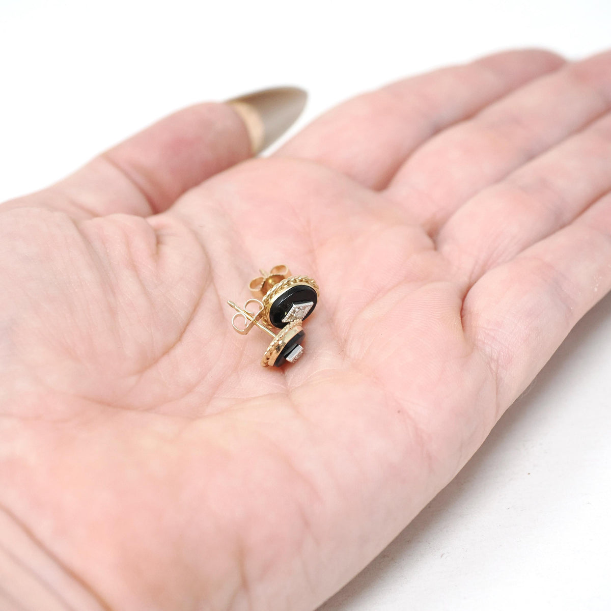 Vintage Diamond Earrings - Modernist 14k Yellow Gold Oval Black Glass Studs - Circa 1960s Era Pierced Push Back Two Tone Fine 60s Jewelry