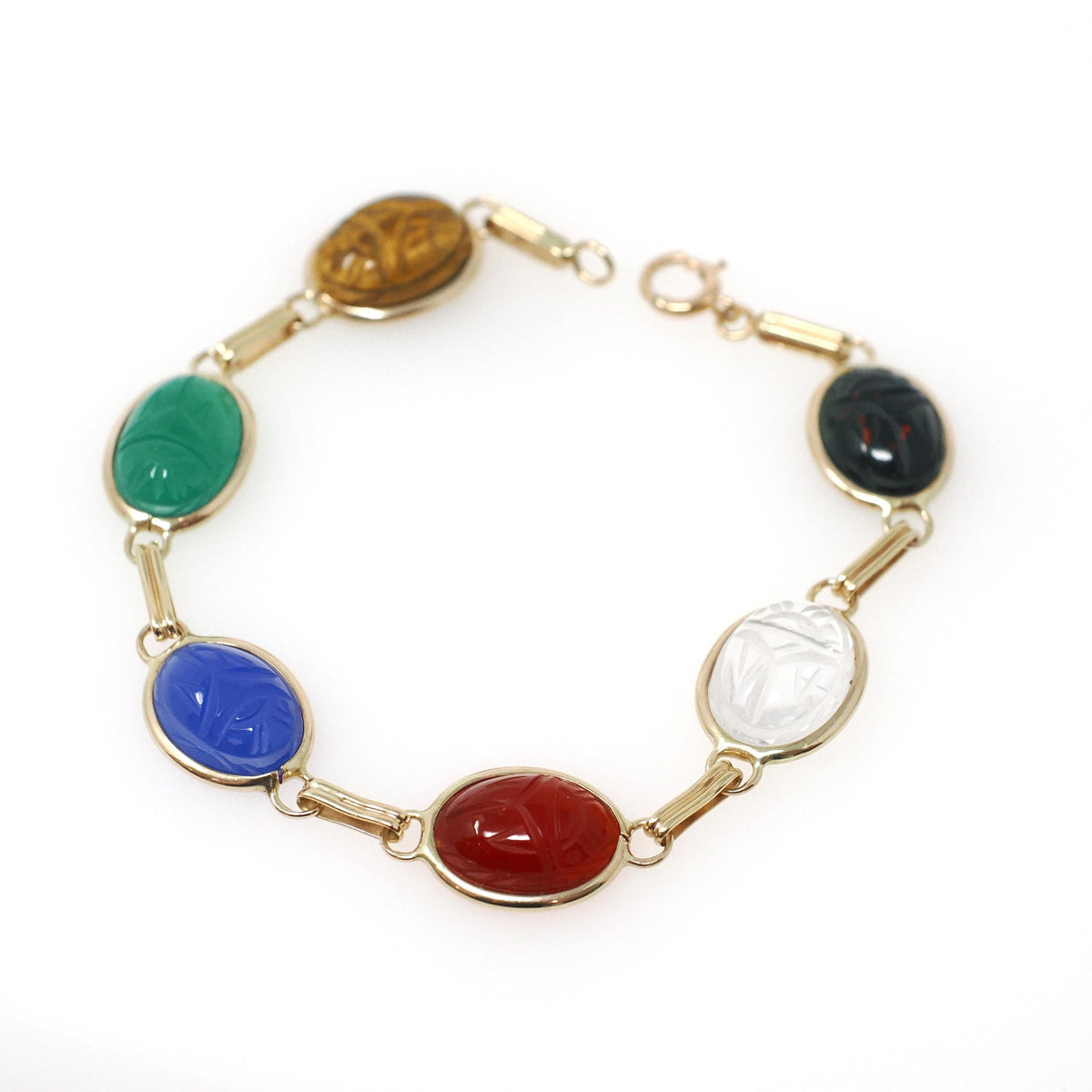 Vintage Scarab Bracelet - Modernist 14k Yellow Gold Oval Carved Natural Gemstones - Circa 1960s Era Egyptian Revival Style Fine 60s Jewelry