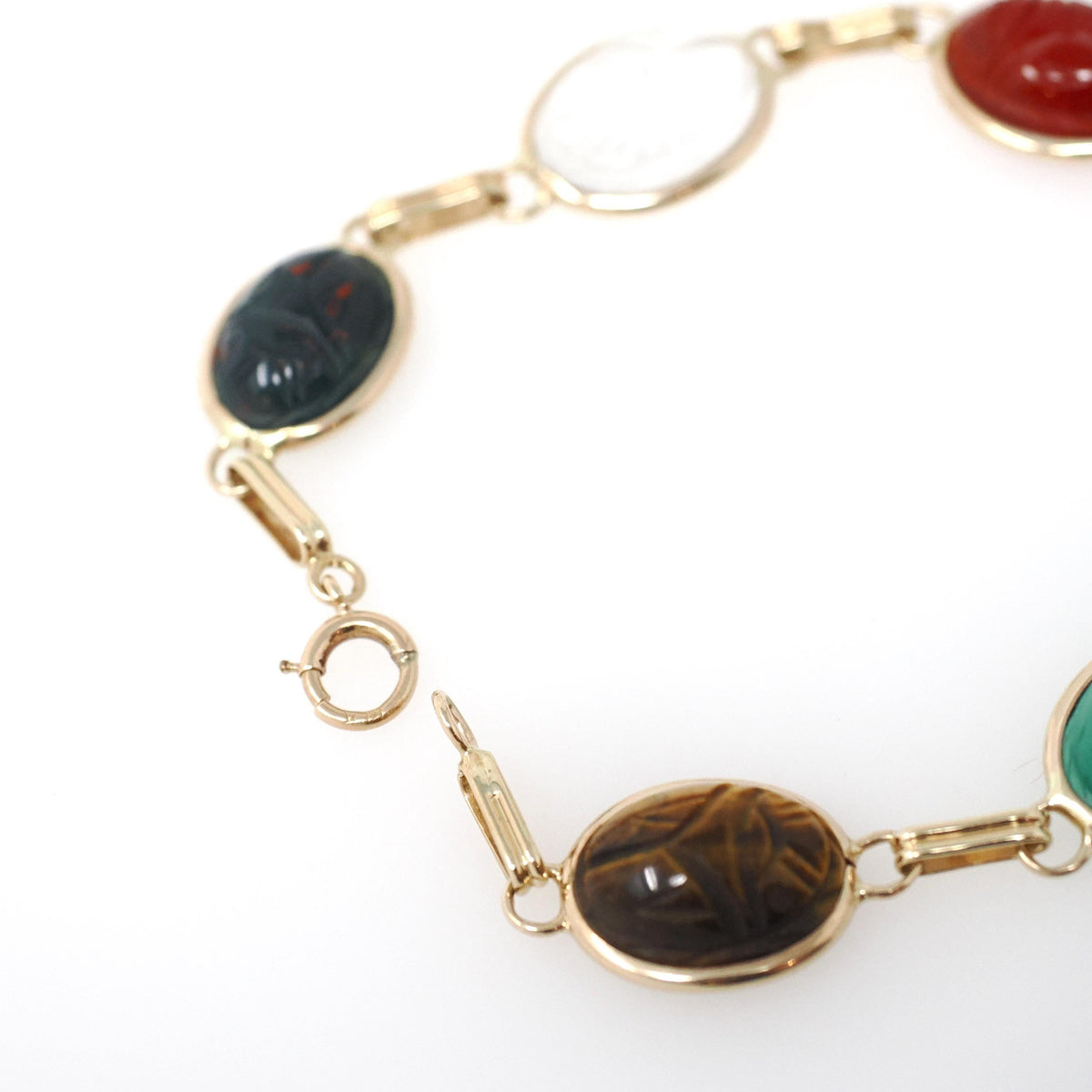 Vintage Scarab Bracelet - Modernist 14k Yellow Gold Oval Carved Natural Gemstones - Circa 1960s Era Egyptian Revival Style Fine 60s Jewelry