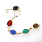 Vintage Scarab Bracelet - Modernist 14k Yellow Gold Oval Carved Natural Gemstones - Circa 1960s Era Egyptian Revival Style Fine 60s Jewelry
