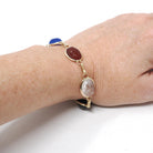 Vintage Scarab Bracelet - Modernist 14k Yellow Gold Oval Carved Natural Gemstones - Circa 1960s Era Egyptian Revival Style Fine 60s Jewelry