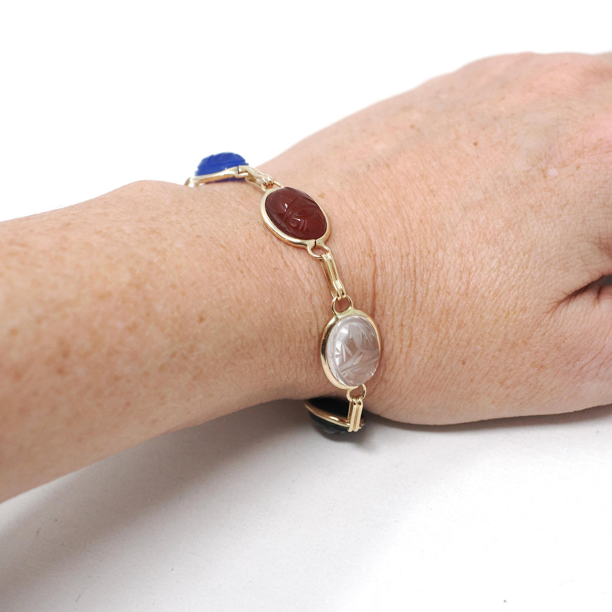 Vintage Scarab Bracelet - Modernist 14k Yellow Gold Oval Carved Natural Gemstones - Circa 1960s Era Egyptian Revival Style Fine 60s Jewelry