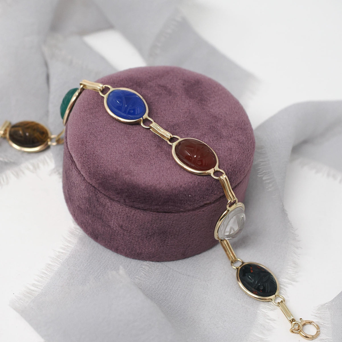 Vintage Scarab Bracelet - Modernist 14k Yellow Gold Oval Carved Natural Gemstones - Circa 1960s Era Egyptian Revival Style Fine 60s Jewelry