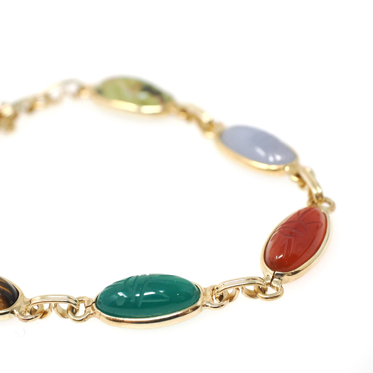 Vintage Scarab Bracelet - Modernist 14k Yellow Gold Oval Carved Natural Gemstones - Circa 1960s Era Egyptian Revival Style Fine 60s Jewelry