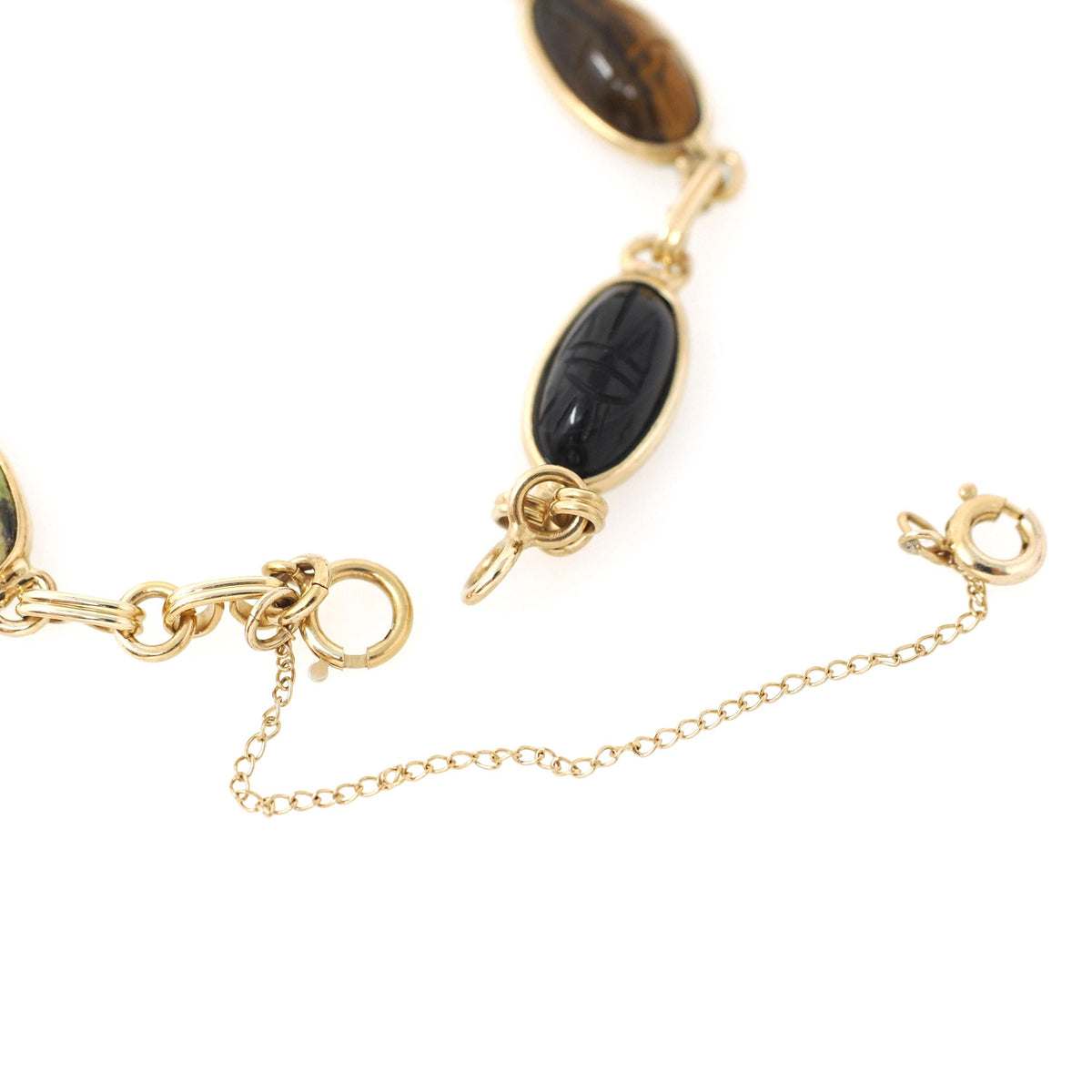 Vintage Scarab Bracelet - Modernist 14k Yellow Gold Oval Carved Natural Gemstones - Circa 1960s Era Egyptian Revival Style Fine 60s Jewelry