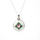 Flower Charm Necklace - Mid Century Sterling Silver White Pink Flower Guilloché Enamel Pendant Charm - Circa 1950s Era Rose Leaves Jewelry