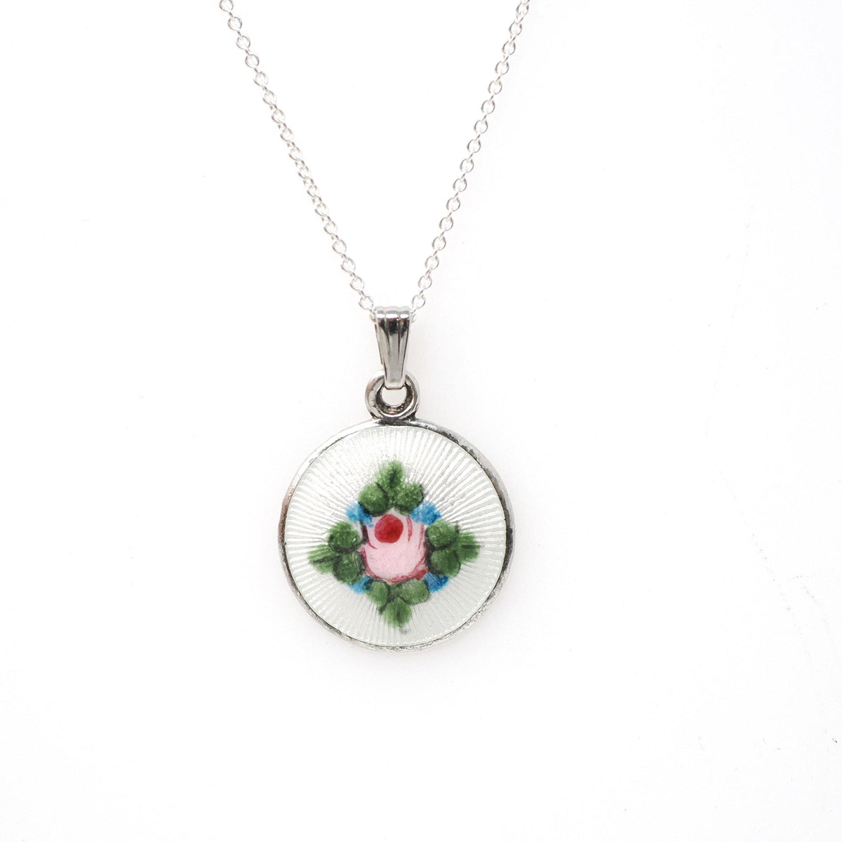 Flower Charm Necklace - Mid Century Sterling Silver White Pink Flower Guilloché Enamel Pendant Charm - Circa 1950s Era Rose Leaves Jewelry