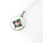 Flower Charm Necklace - Mid Century Sterling Silver White Pink Flower Guilloché Enamel Pendant Charm - Circa 1950s Era Rose Leaves Jewelry