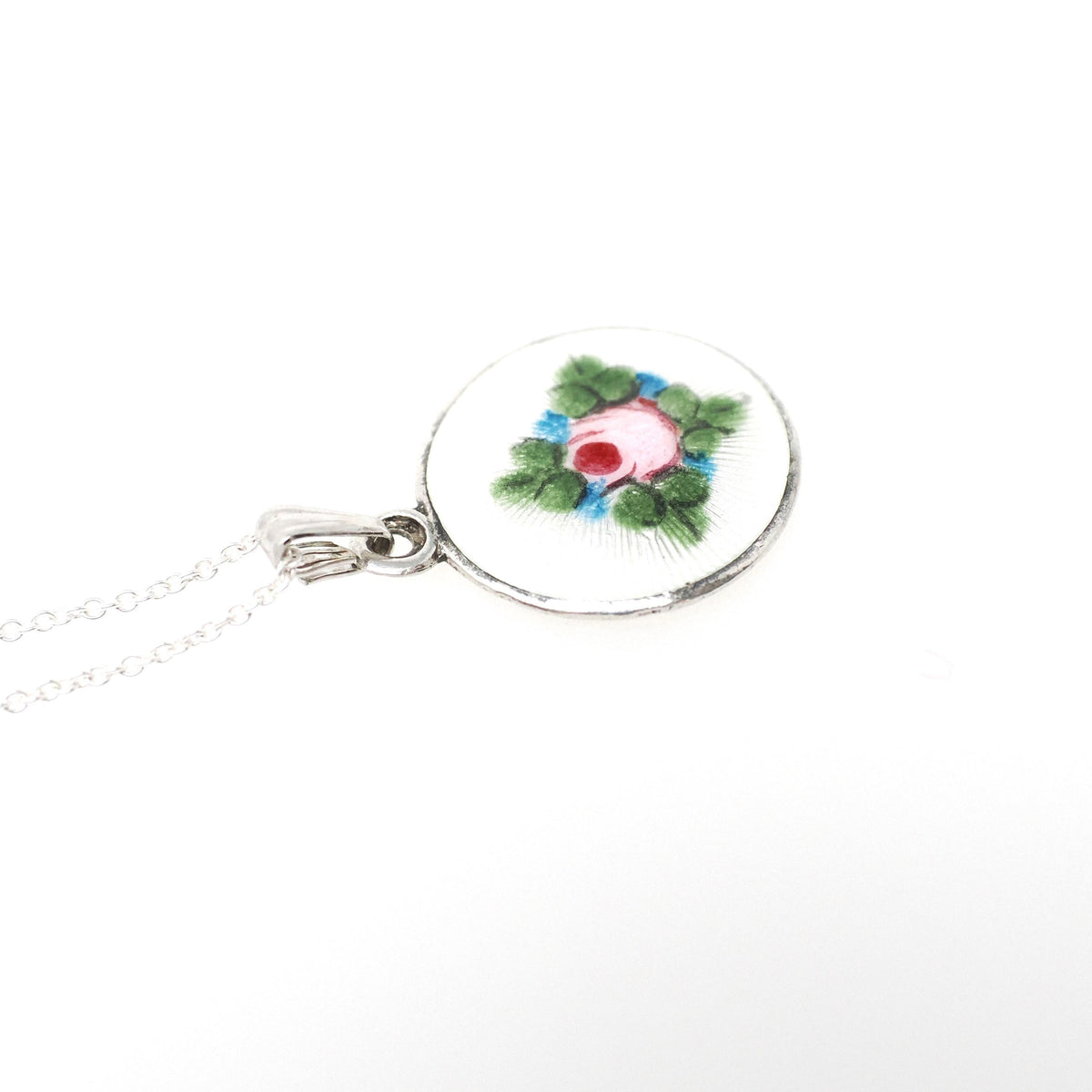 Flower Charm Necklace - Mid Century Sterling Silver White Pink Flower Guilloché Enamel Pendant Charm - Circa 1950s Era Rose Leaves Jewelry