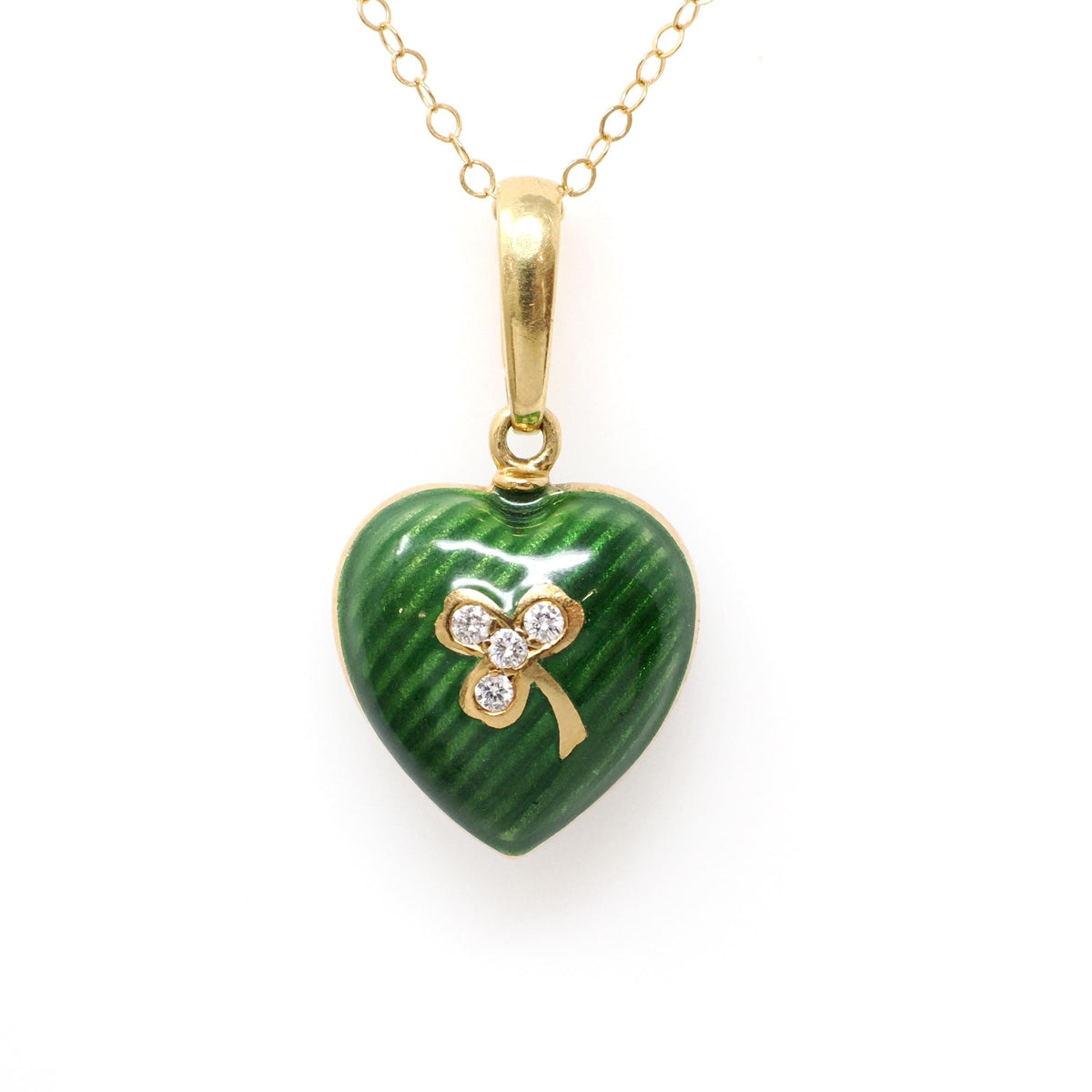 Vintage Fabergé Heart Charm - Contemporary 18k Yellow Gold Green Enamel Natural Diamond Pendant Necklace - Circa 1990s Clover Fine Jewelry