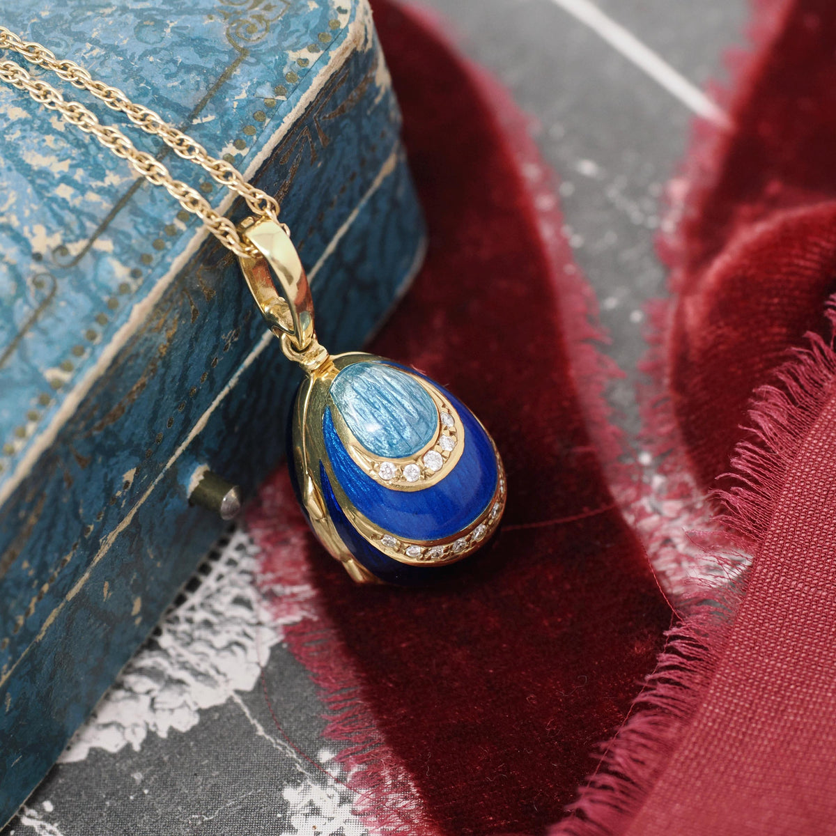 Vintage Fabergé Egg Locket - Contemporary 18k Yellow Gold Blue Enamel Natural Diamond Charm Necklace - Circa 1990s Duck Animal Fine Jewelry