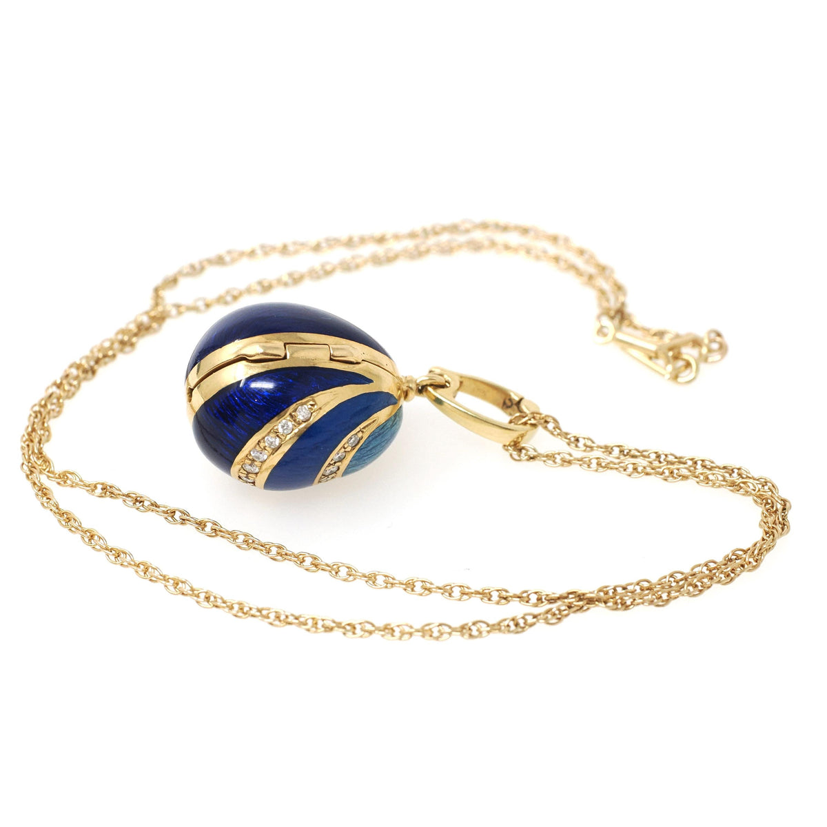 Vintage Fabergé Egg Locket - Contemporary 18k Yellow Gold Blue Enamel Natural Diamond Charm Necklace - Circa 1990s Duck Animal Fine Jewelry