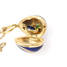 Vintage Fabergé Egg Locket - Contemporary 18k Yellow Gold Blue Enamel Natural Diamond Charm Necklace - Circa 1990s Duck Animal Fine Jewelry