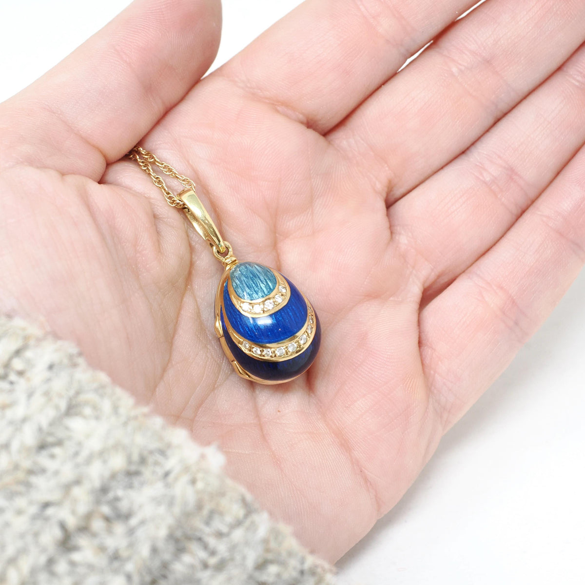 Vintage Fabergé Egg Locket - Contemporary 18k Yellow Gold Blue Enamel Natural Diamond Charm Necklace - Circa 1990s Duck Animal Fine Jewelry