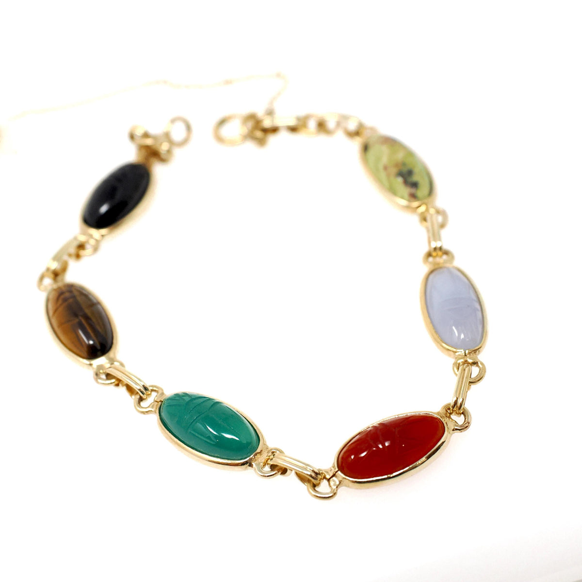 Vintage Scarab Bracelet - Modernist 14k Yellow Gold Oval Carved Natural Gemstones - Circa 1960s Era Egyptian Revival Style Fine 60s Jewelry