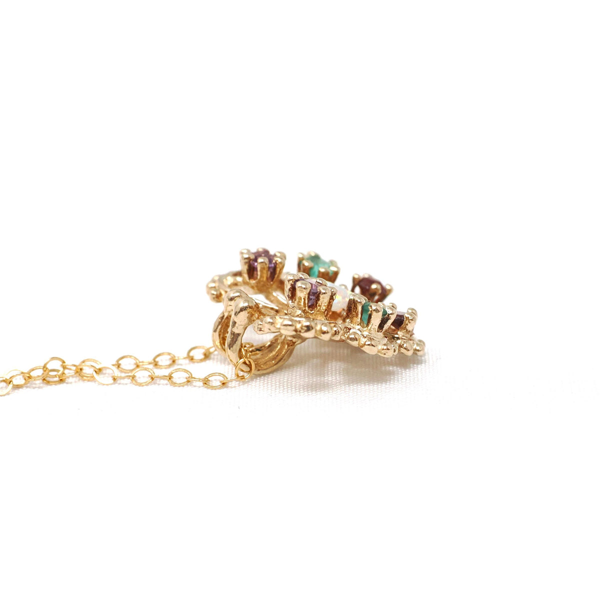 Vintage Butterfly Necklace - Contemporary 14k Yellow Gold Natural Opal Amethyst Garnet Created Emerald Gem - Circa 2000s Winged Fine Jewelry