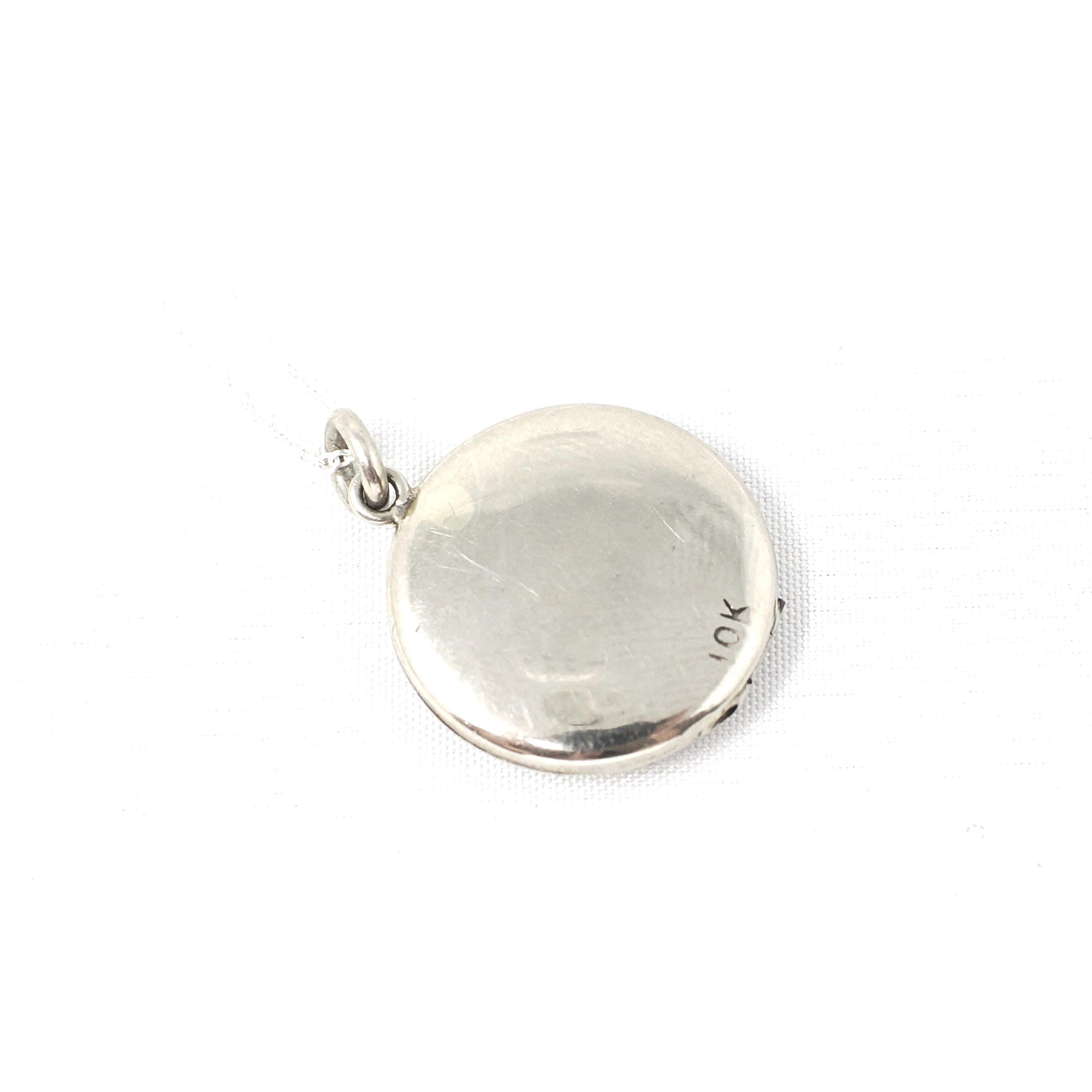 Mid Century Locket - Vintage 10k White Gold Engraved Round Pendant Necklace Charm - Circa 1950s Era Photograph Keepsake Dainty Fine Jewelry