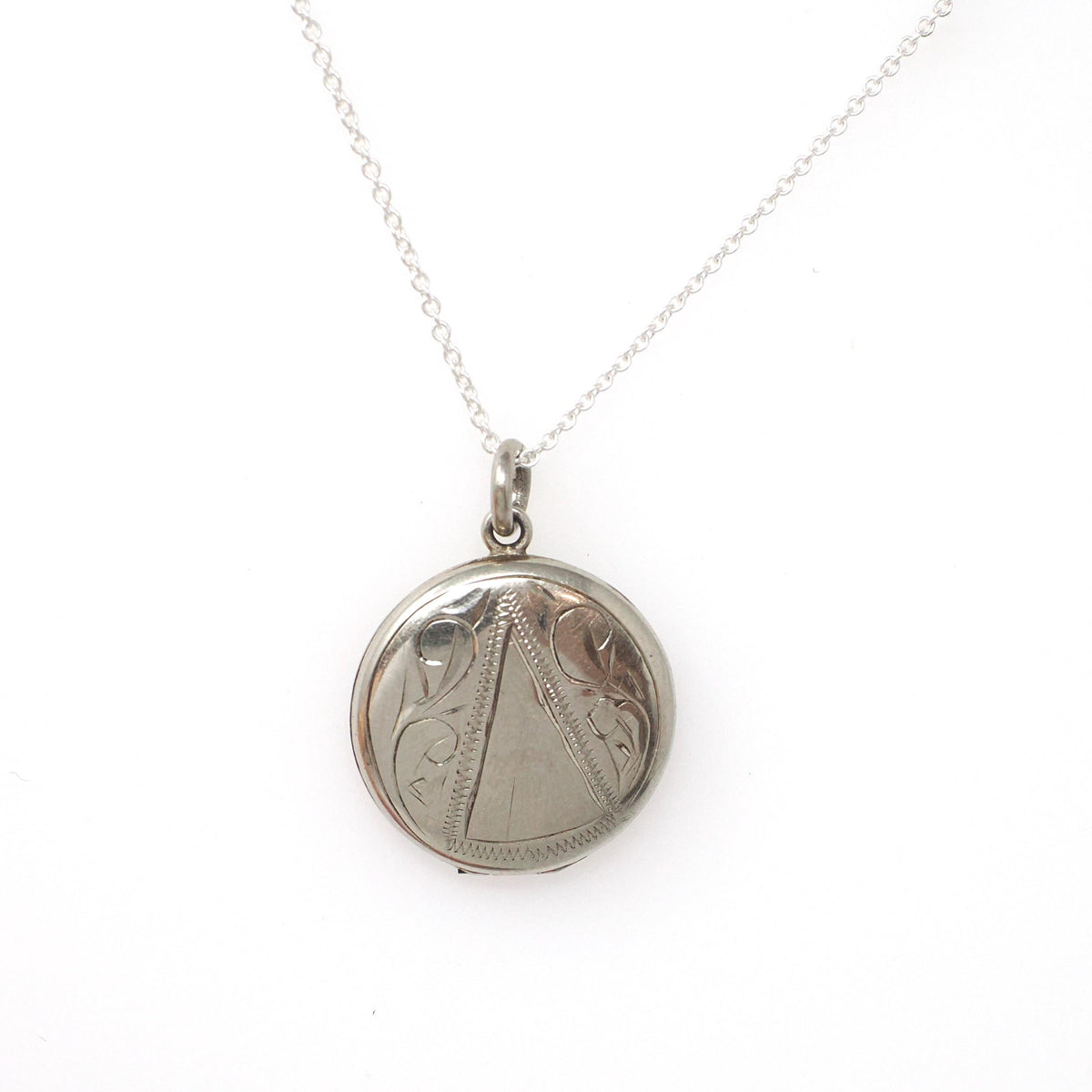 Mid Century Locket - Vintage 10k White Gold Engraved Round Pendant Necklace Charm - Circa 1950s Era Photograph Keepsake Dainty Fine Jewelry