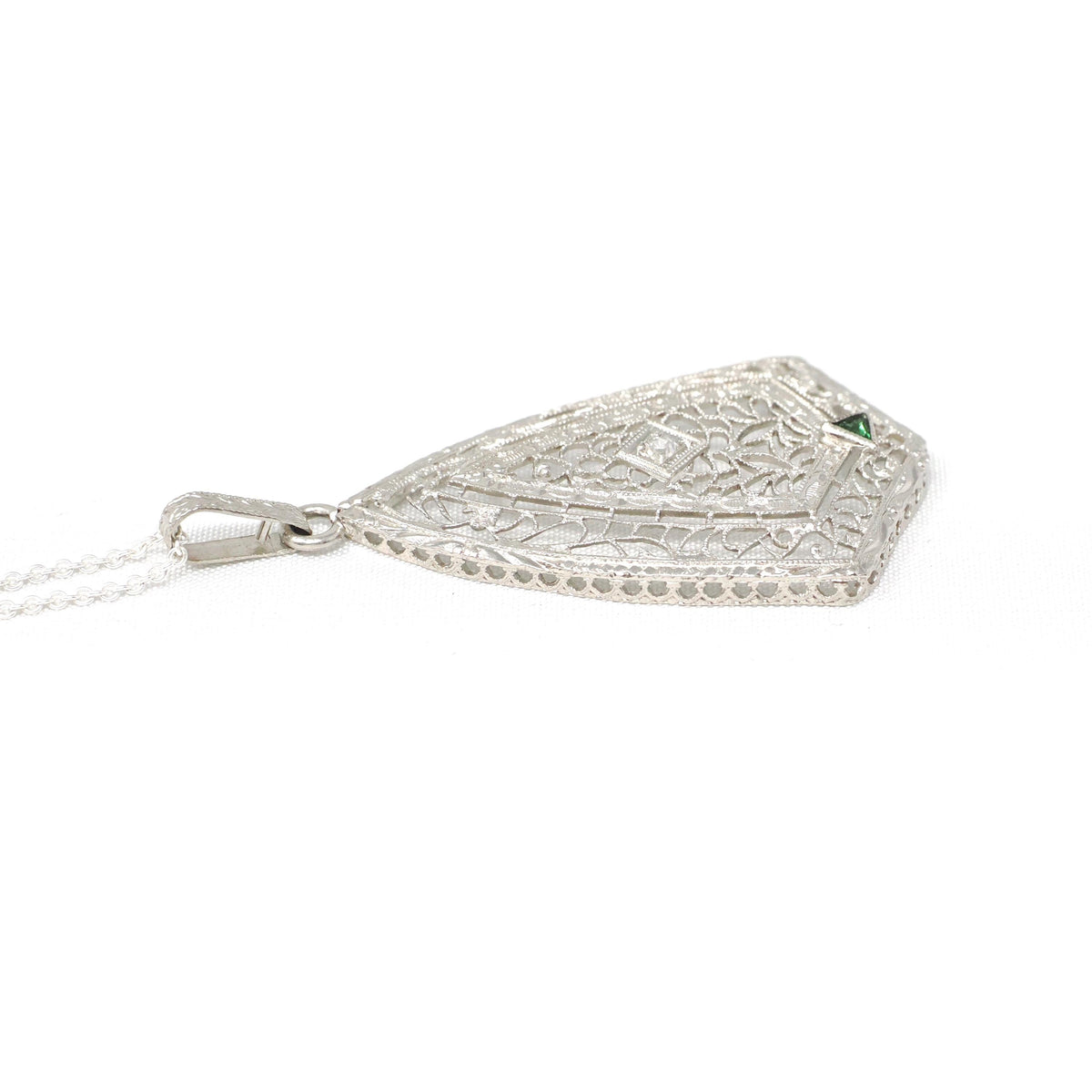 Art Deco Pendant Necklace - Vintage 14k White Gold Natural .02 CT Diamond Green Glass Triangle Accented - Circa 1930s Fine Filigree Jewelry