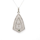 Art Deco Pendant Necklace - Vintage 14k White Gold Natural .02 CT Diamond Green Glass Triangle Accented - Circa 1930s Fine Filigree Jewelry