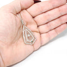 Art Deco Pendant Necklace - Vintage 14k White Gold Natural .02 CT Diamond Green Glass Triangle Accented - Circa 1930s Fine Filigree Jewelry