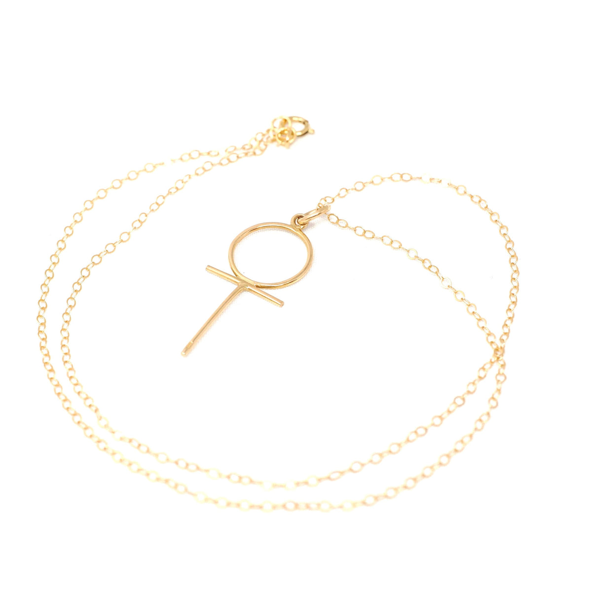 Dainty Ankh Necklace - Contemporary 18k Yellow Gold Wire Egyptian Revival Symbol Charm - Circa 1990s Statement Fine Feminist Venus Jewelry