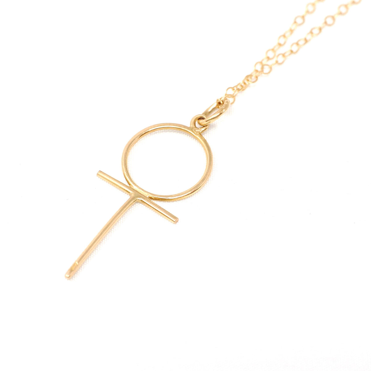 Dainty Ankh Necklace - Contemporary 18k Yellow Gold Wire Egyptian Revival Symbol Charm - Circa 1990s Statement Fine Feminist Venus Jewelry