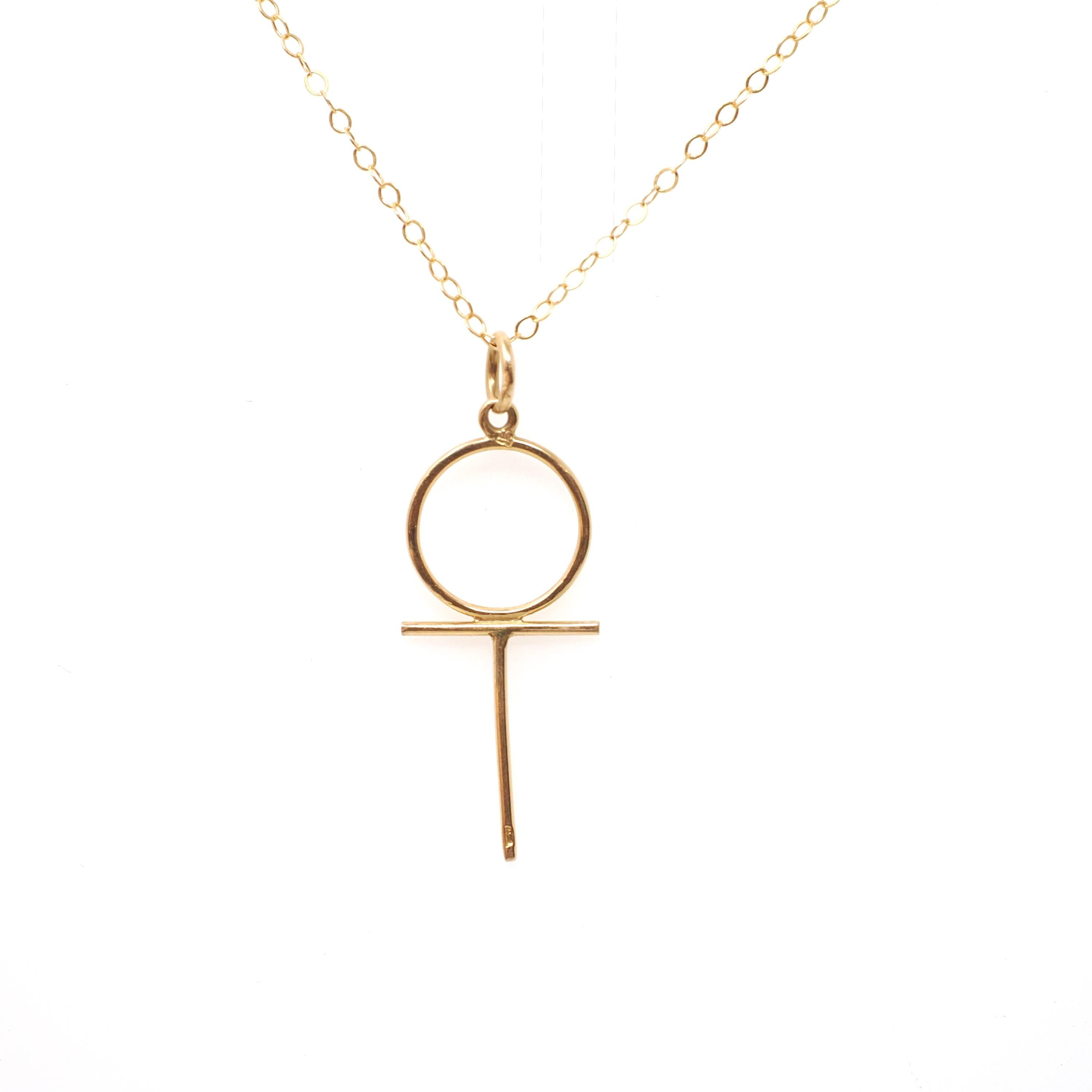 Dainty Ankh Necklace - Contemporary 18k Yellow Gold Wire Egyptian Revival Symbol Charm - Circa 1990s Statement Fine Feminist Venus Jewelry