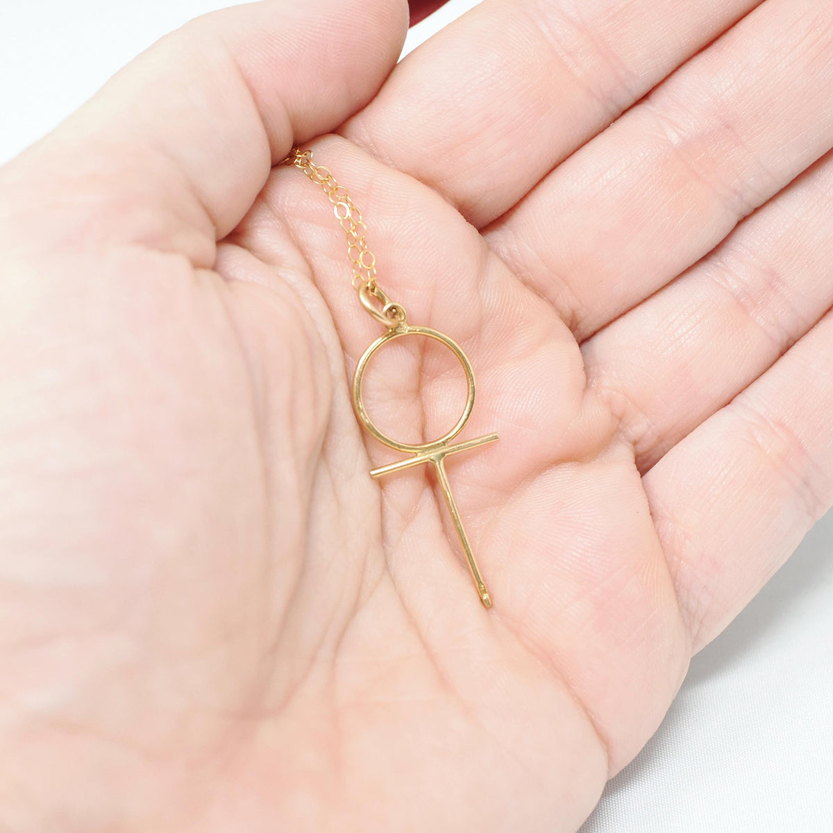 Dainty Ankh Necklace - Contemporary 18k Yellow Gold Wire Egyptian Revival Symbol Charm - Circa 1990s Statement Fine Feminist Venus Jewelry