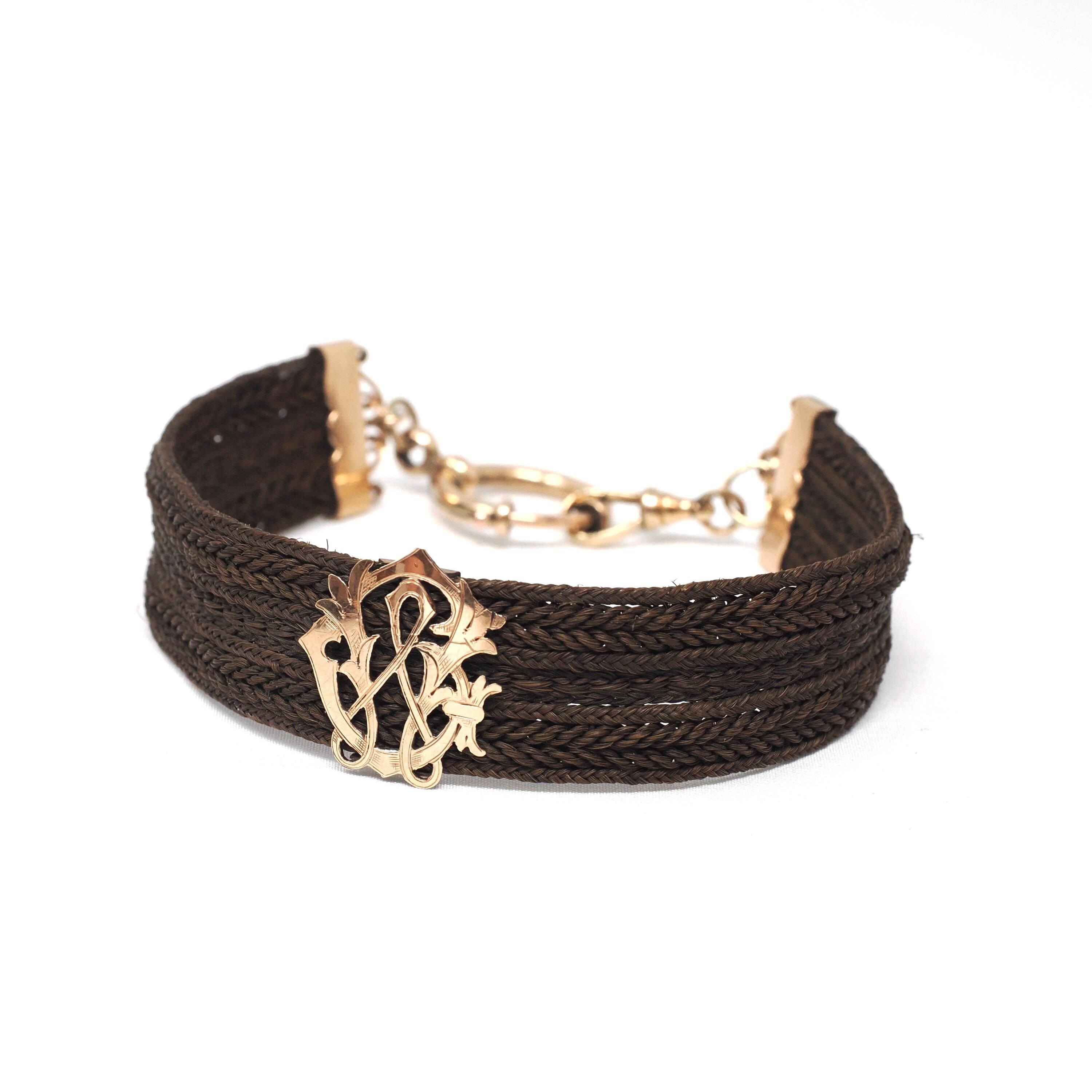 Victorian Hair Bracelet - Antique Rosy Gold Filled Woven Braid & Pierced Monogram - Circa 1800s Era Mourning Statement "WC" Fine Jewelry
