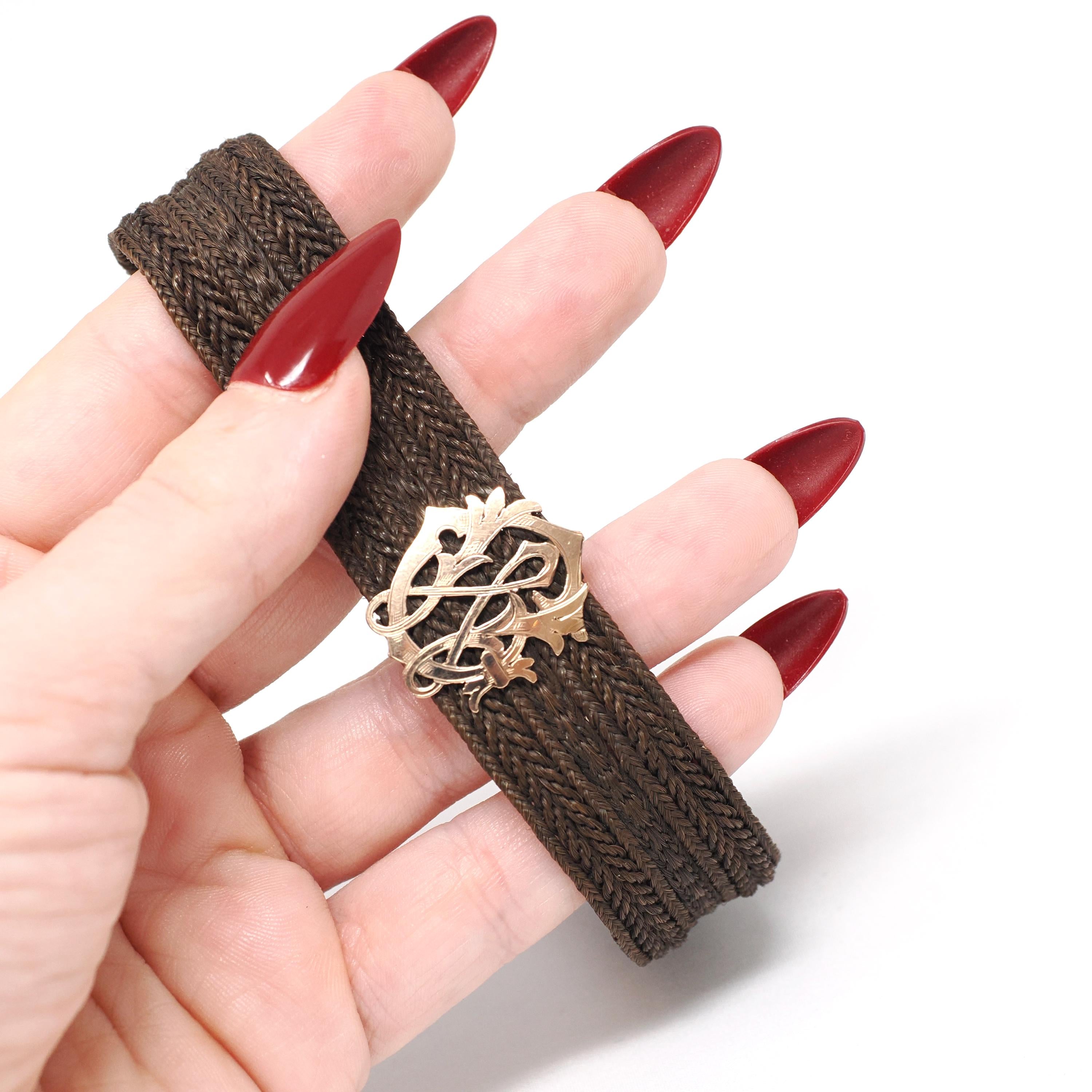 Victorian Hair Bracelet - Antique Rosy Gold Filled Woven Braid & Pierced Monogram - Circa 1800s Era Mourning Statement "WC" Fine Jewelry