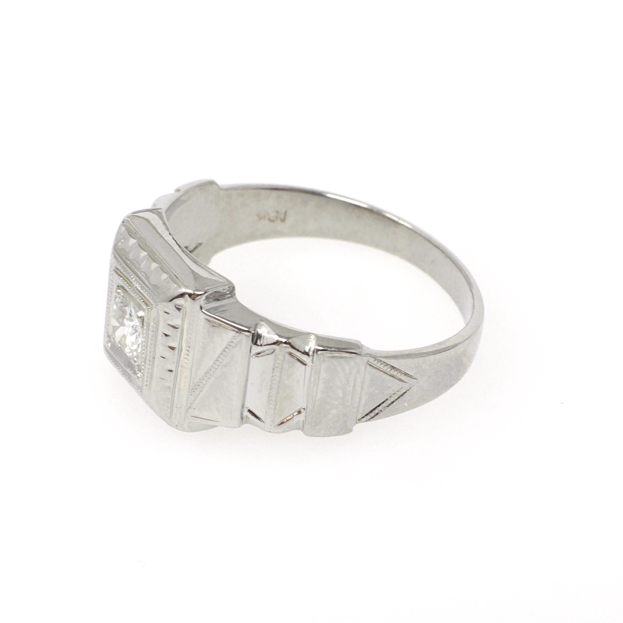 Art Deco Diamond Ring - Vintage 18k White Gold Natural .20 CT Old European Unisex Engagement - Circa 1930s Era Size 8.5 Square Fine Jewelry